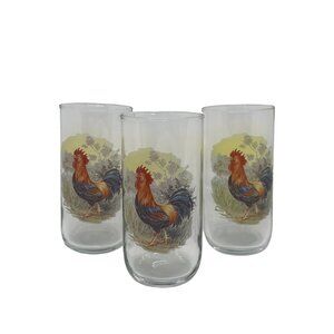 VTG Set of 3 Rooster Drinking Glasses | Farmhouse Kitchen Tumblers Country Decor